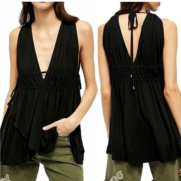NWT NEW Free People Aries Deep Plunge V Neck Tank Top Tiered grunge vamp witchy - Picture 1 of 13